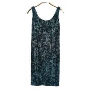 Peruvian Connection Crushed Velvet Tank Dress Silk Blend Floral Teal Grey 10‎